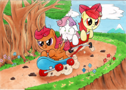 Size: 2000x1435 | Tagged: safe, artist:ecmonkey, apple bloom, scootaloo, sweetie belle, g4, cutie mark crusaders, scooter, shrunken pupils, tongue out