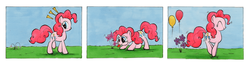 Size: 3861x1000 | Tagged: safe, artist:ecmonkey, pinkie pie, earth pony, pony, g4, balloon, comic, exclamation point, eyes closed, female, flower, jumping, mare, raspberry, solo, tongue out