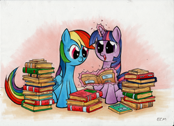 Size: 2000x1455 | Tagged: safe, artist:ecmonkey, rainbow dash, twilight sparkle, g4, book, cute, happy, magic, open mouth, reading, sitting, smiling, telekinesis, that pony sure does love books