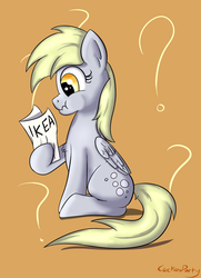 Size: 847x1171 | Tagged: safe, artist:cuckooparty, derpy hooves, pegasus, pony, g4, female, ikea, mare, question mark, scrunchy face, solo