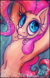 Size: 421x650 | Tagged: safe, artist:foldeath, pinkie pie, g4, :p, armpits, belly button, cute, female, fluffy, looking at you, smiling, solo, tongue out