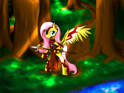 Size: 1024x768 | Tagged: safe, artist:jagarbrony, fluttershy, pony, g4, bipedal, clothes, female, solo, spear, tattoo