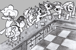 Size: 2000x1318 | Tagged: safe, artist:ecmonkey, applejack, fluttershy, pinkie pie, rainbow dash, rarity, twilight sparkle, oc, g4, alcohol, mane six, monochrome, pub, sketch