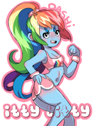 Size: 1024x1391 | Tagged: dead source, safe, artist:lana-jay, rainbow dash, human, g4, belly button, breasts, cleavage, clothes, female, flexing, high ponytail, humanized, long hair, midriff, pony coloring, ponytail, shorts, simple background, small breasts, solo, sports bra, transparent background, wristband