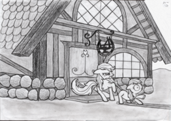 Size: 2000x1419 | Tagged: safe, artist:ecmonkey, apple bloom, applejack, earth pony, pony, g4, blank flank, dragging, farrier, monochrome, sketch, tail pull