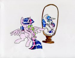 Size: 3300x2550 | Tagged: safe, artist:gigandjett, shining armor, spike, twilight sparkle, alicorn, dragon, pony, unicorn, g4, female, filly, high res, hug, male, mare, mirror, stallion, traditional art, twilight sparkle (alicorn), younger