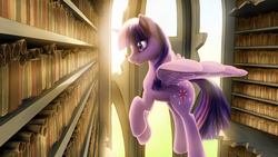 Size: 2880x1620 | Tagged: dead source, safe, artist:gem-magic, twilight sparkle, alicorn, pony, g4, backlighting, book, castle of the royal pony sisters, female, library, mare, twilight sparkle (alicorn)