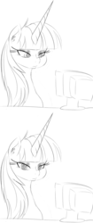 Size: 706x1673 | Tagged: safe, artist:zev, oc, oc only, oc:fausticorn, computer, grayscale, lauren faust, monochrome, parody, reaction image, solo