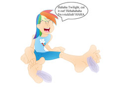 Size: 1042x766 | Tagged: safe, artist:java-mocha, rainbow dash, human, g4, barefoot, cute, cutie mark on clothes, feather, feet, fetish, foot fetish, humanized, laughing, magic aura, soles, solo, tickling, toes, wiggling toes