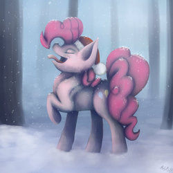 Size: 894x894 | Tagged: safe, artist:holyroll4, pinkie pie, g4, big ears, cute, eating, female, hat, impossibly large ears, snow, snowfall, solo, tongue out, winter