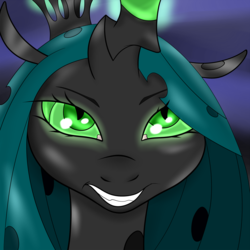 Size: 2048x2048 | Tagged: safe, artist:briarspark, queen chrysalis, changeling, changeling queen, g4, female, glowing eyes, high res, looking at you, portrait, solo, story in the comments