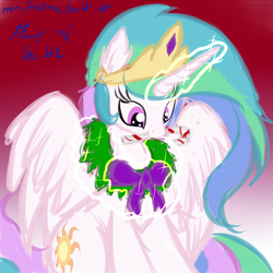 Size: 528x528 | Tagged: safe, artist:frist44, princess celestia, g4, 30 minute art challenge, bow, candy cane, cute, cutelestia, female, levitation, magic, mouth hold, solo, telekinesis, wreath