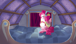 Size: 1797x1053 | Tagged: safe, artist:queensdaughters, pinkie pie, g4, bed, curtains, female, gypsy pie, solo, window