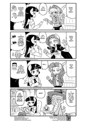 Size: 900x1300 | Tagged: safe, artist:shepherd0821, applejack, pinkie pie, rarity, spike, twilight sparkle, anthro, g4, 4koma, ambiguous facial structure, comic, frankenstein's monster, monochrome, nightmare night, nitpicking, pedantry, translation, twilight sparkle (alicorn)