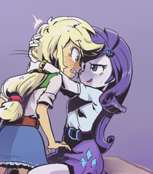 Size: 466x531 | Tagged: dead source, safe, artist:baekgup, applejack, rarity, human, equestria girls, g4, blushing, female, hatless, lesbian, missing accessory, nervous, ship:rarijack, shipping, sweat