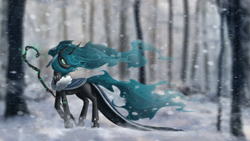 Size: 3998x2249 | Tagged: safe, artist:shaadorian, queen chrysalis, changeling, changeling queen, g4, cape, clothes, female, forest, high res, snow, snowfall, staff