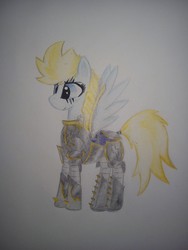 Size: 1944x2592 | Tagged: safe, artist:scratchie, oc, oc only, oc:aria lightningheart, pegasus, pony, armor, black armor, blonde hair, cutie mark, drawing, eyeshadow, scar, scared, shade, shadow, skull, smiling, solo, spread wings, traditional art, war