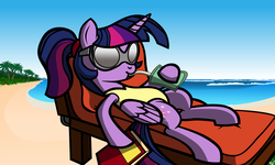 Size: 5000x3000 | Tagged: safe, artist:pananovich, twilight sparkle, alicorn, pony, g4, alternate hairstyle, beach, book, chair, clothes, female, folded wings, juice, juice box, mare, one-piece swimsuit, relaxing, solo, sunglasses, swimsuit, twilight sparkle (alicorn), wings