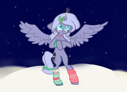 Size: 1024x744 | Tagged: safe, artist:specs117, princess luna, pony, g4, bipedal, blushing, female, leg warmers, s1 luna, snow, snowfall, solo, spread wings