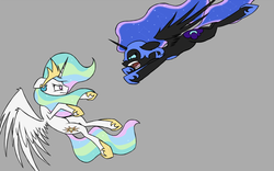 Size: 1280x800 | Tagged: safe, artist:doingthefishstick, nightmare moon, princess celestia, g4, diving, fight, simple background