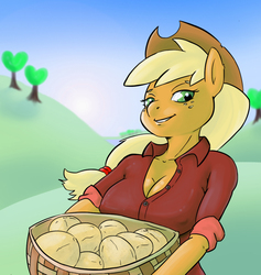 Size: 994x1050 | Tagged: safe, artist:robothehoobo, applejack, earth pony, anthro, g4, breasts, busty applejack, female, melon, solo