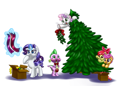 Size: 1200x836 | Tagged: safe, artist:pia-sama, apple bloom, rarity, scootaloo, spike, sweetie belle, pony, unicorn, g4, blushing, bowtie, christmas, christmas tree, clothes, cutie mark crusaders, embarrassed, female, grin, hiding, magic, male, mare, mistletoe, open mouth, pouting, scarf, ship:sparity, shipper on deck, shipping, smiling, straight, telekinesis, thinking, tree