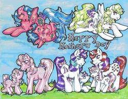 Size: 818x633 | Tagged: safe, artist:kay-kitten, baby cotton candy, baby firefly, baby glory, baby moondancer, baby surprise, cotton candy (g1), firefly, glory, moondancer (g1), surprise, pony, g1, baby, baby pony, bow, mother and daughter, mother's day, tail bow