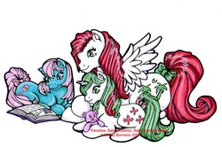 Size: 864x573 | Tagged: safe, artist:kay-kitten, baby cuddles, baby gusty, paradise, pony, g1, book, bow, tail, tail bow, teddy bear, trio