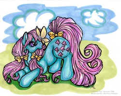 Size: 1058x842 | Tagged: safe, artist:kay-kitten, bow tie (g1), butterfly, pony, g1, bow, looking at something, solo, tail, tail bow
