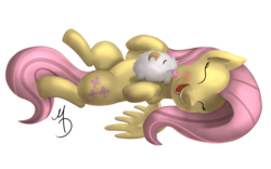 Size: 4000x2500 | Tagged: safe, artist:marmorexx, fluttershy, pegasus, pony, poro, g4, cute, female, league of legends, licking, lying down, shyabetes, simple background, solo, tongue out, transparent background