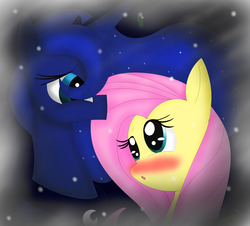 Size: 2536x2288 | Tagged: safe, artist:rachelsrandomart, fluttershy, princess luna, pony, g4, blushing, duo, female, high res, lesbian, ship:lunashy, shipping