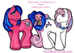 Size: 652x462 | Tagged: safe, artist:kay-kitten, baby countdown, baby moondancer, pony, g1, countdownbetes, cute, dancerbetes, duo, female, male, shipping, straight, teddy bear