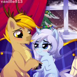 Size: 1280x1280 | Tagged: safe, artist:spookyle, oc, oc only, oc:frost flower, oc:nicholas, pony, reindeer, unicorn, blushing, christmas, female, hearth's warming eve, interspecies, male, snow, straight