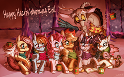 Size: 1024x644 | Tagged: safe, artist:inuhoshi-to-darkpen, applejack, discord, fluttershy, pinkie pie, rainbow dash, rarity, spike, twilight sparkle, alicorn, pony, g4, book, clothes, cuddling, female, fluffy, heart, hug, licking lips, mane seven, mane six, mare, mug, open mouth, prehensile tail, prone, scarf, smiling, snuggling, twilight sparkle (alicorn), unshorn fetlocks