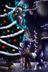 Size: 1045x1567 | Tagged: dead source, safe, artist:tidalwav-3, rarity, spike, g4, christmas tree, clothes, female, magic, male, scarf, ship:sparity, shipping, straight, tree