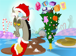 Size: 1318x976 | Tagged: safe, applejack, discord, fluttershy, pinkie pie, rainbow dash, rarity, twilight sparkle, draconequus, g4, chaos, chocolate, christmas, christmas tree, clothes, costume, discorded landscape, father christmas, food, holiday, marshmallow, merry christmas, santa claus, santa costume, tree