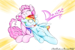 Size: 4500x3000 | Tagged: safe, artist:aquaticsun, pinkie pie, rainbow dash, g4, female, glomp, heart, hug, lesbian, ship:pinkiedash, shipping, suffocating