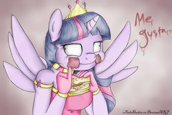 Size: 900x600 | Tagged: safe, artist:aquaticsun, twilight sparkle, anthro, g4, crown, etiquette, hay burger, me gusta, messy eating, twilight burgkle, twilight slobble, twilight sparkle (alicorn)