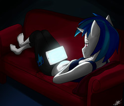 Size: 1400x1200 | Tagged: safe, artist:skecchiart, dj pon-3, vinyl scratch, anthro, plantigrade anthro, g4, barefoot, couch, feet, female, solo, tablet, toes
