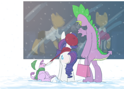 Size: 1359x980 | Tagged: safe, artist:carnifex, rarity, spike, oc, oc:lavender, dracony, hybrid, g4, beret, butt, clothes, daughter, eyes closed, family, father, female, gritted teeth, impatient, interspecies offspring, male, mother, mouth hold, offspring, older, older spike, parent:rarity, parent:spike, parents:sparity, plot, pulling, scarf, ship:sparity, shipping, shopping, snow, snowfall, straight, window shopping, winter