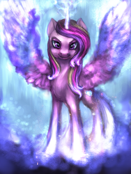 Size: 900x1200 | Tagged: safe, artist:elkaart, princess cadance, alicorn, pony, g4, abstract background, female, glowing horn, horn, looking at you, mare, smiling, solo, spread wings, wings