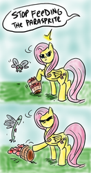 Size: 526x1000 | Tagged: safe, artist:flashinthepan, fluttershy, parasprite, pegasus, pony, g4, animal, apple, artifact, bucket, comic, feeding, fuck the police, resentment, stupidity, this will end in tears, too dumb to live