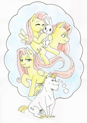 Size: 500x710 | Tagged: safe, artist:raph13th, angel bunny, bulk biceps, fluttershy, pegasus, pony, g4, daydream, female, male, ship:flutterbulk, shipping, straight, thought bubble