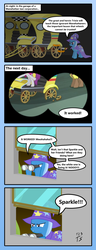 Size: 1334x3492 | Tagged: safe, artist:123turtleshell, silver berry, trixie, pony, unicorn, g4, rarity takes manehattan, binoculars, comic, crosscut saw, don't trust wheels, evil laugh, female, great and powerful, laughing, mare, saw, taxi, wheel