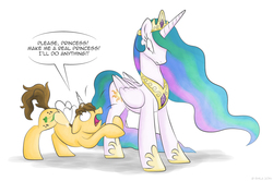 Size: 1831x1215 | Tagged: safe, artist:littlehybridshila, princess celestia, oc, oc:cloversong, alicorn, pony, g4, begging, canon x oc, celestia is not amused, crown, dialogue, fake alicorn, fake horn, fake wings, hoof shoes, jewelry, necklace, regalia, speech bubble, unamused