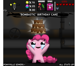 Size: 4000x3405 | Tagged: safe, artist:facelesssoles, pinkie pie, g4, biblethump, cake, crossover, item get, pinkamena diane pie, the binding of isaac