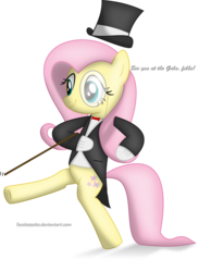 Size: 5010x6850 | Tagged: safe, artist:facelesssoles, fluttershy, pony, g4, absurd resolution, bipedal, cane, clothes, dancing, female, gloves, hat, monocle, solo, top hat, tuxedo