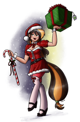 Size: 833x1280 | Tagged: safe, artist:king-kakapo, oc, oc only, oc:darcy, satyr, breasts, candy cane, christmas, clothes, dress, female, high heels, offspring, parent:big macintosh, present, snow, snowfall, solo, stockings, thigh highs