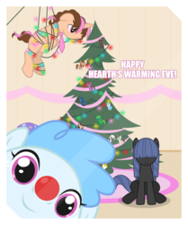 Size: 7209x8642 | Tagged: safe, artist:estories, trixie, oc, oc:curly mane, oc:neigh sayer, oc:think pink, pony, unicorn, g4, absurd resolution, christmas, christmas tree, female, hearth's warming eve, mare, neink, tied up, tree