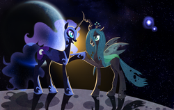 Size: 1200x760 | Tagged: safe, artist:bluefluffydinosaur, nightmare moon, queen chrysalis, alicorn, changeling, changeling queen, pony, g4, female, hoofbump, moon, space, stars